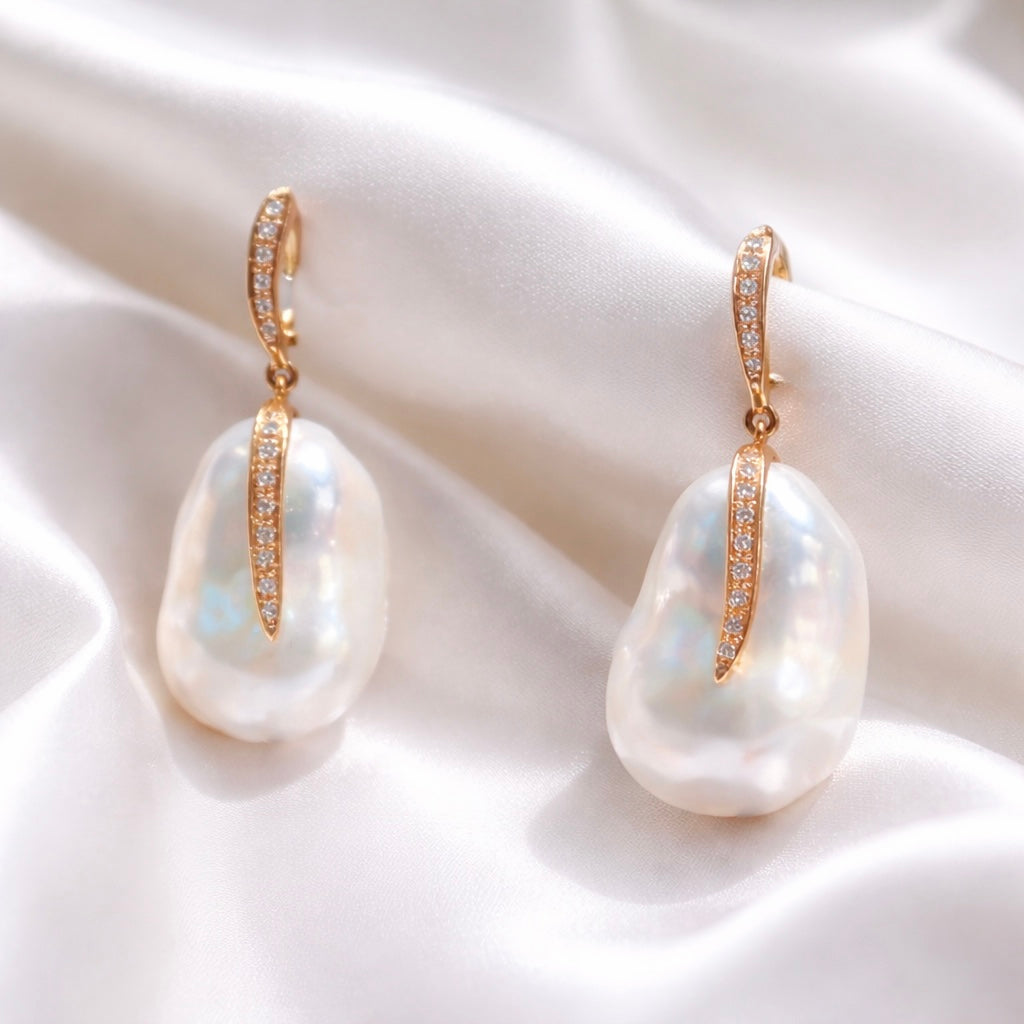 Diamond & Large Baroque Pearl 18ct Rose Gold Drop Earrings