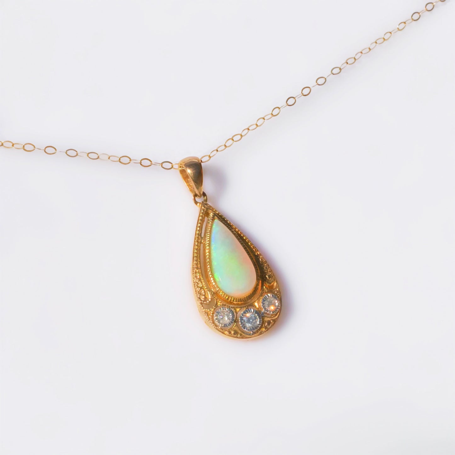 Intriguing Art Deco Inspired 9ct Yellow Gold Opal and Diamond Necklace