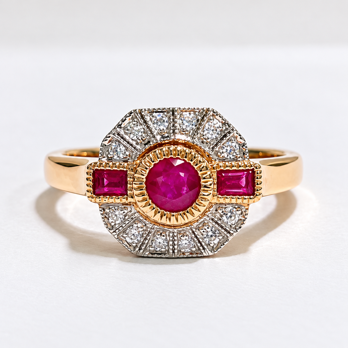 Ruby and Diamond Art Deco Reproduction 9ct Yellow Gold Ring