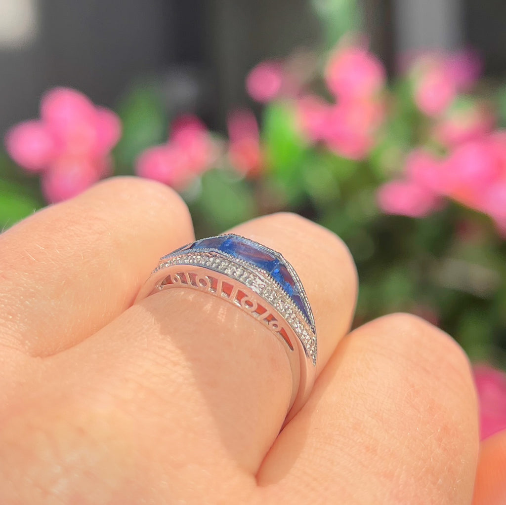 Art Deco Reproduction Madagascar Blue Sapphire and Diamond 9ct White Gold Ring | Size O