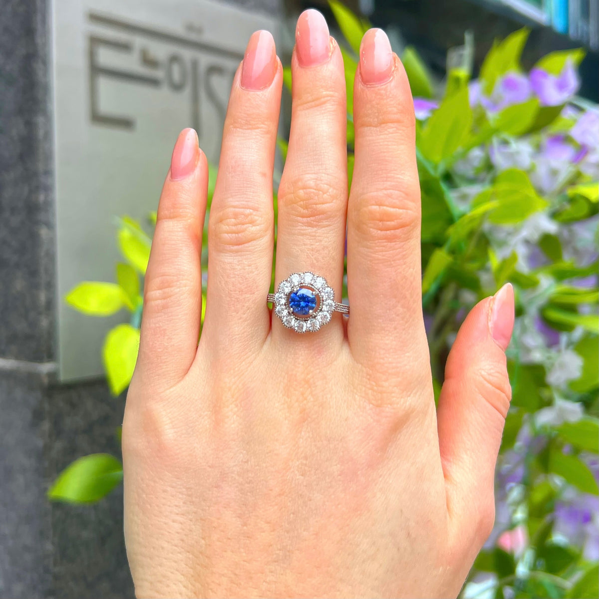 Blue Cubic Zirconia Sterling Silver Halo Ring | Size O ½