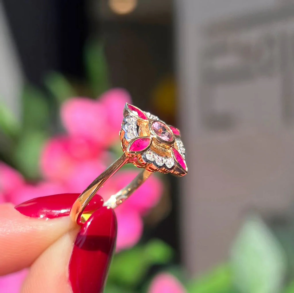 Edwardian Reproduction Pink Tourmaline, Ruby and Diamond 9ct Yellow Gold Ring | Size O