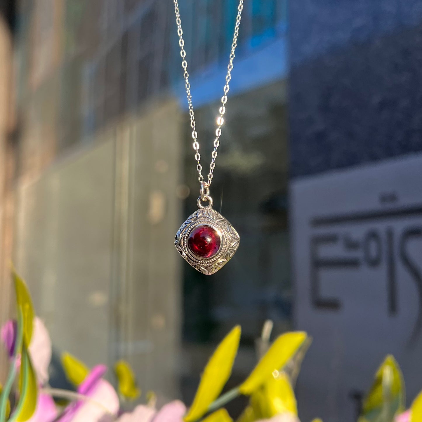 Boho Inspired Oxidised Sterling Silver Red Garnet Cabochon Necklace