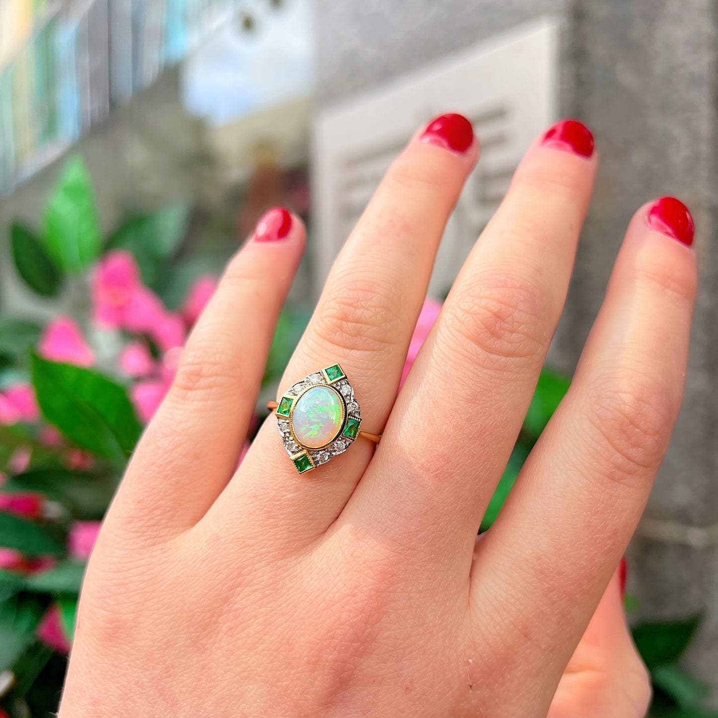 Art Deco Reproduction Opal, Emerald and Diamond 9ct Yellow Gold Ring | Size M ½