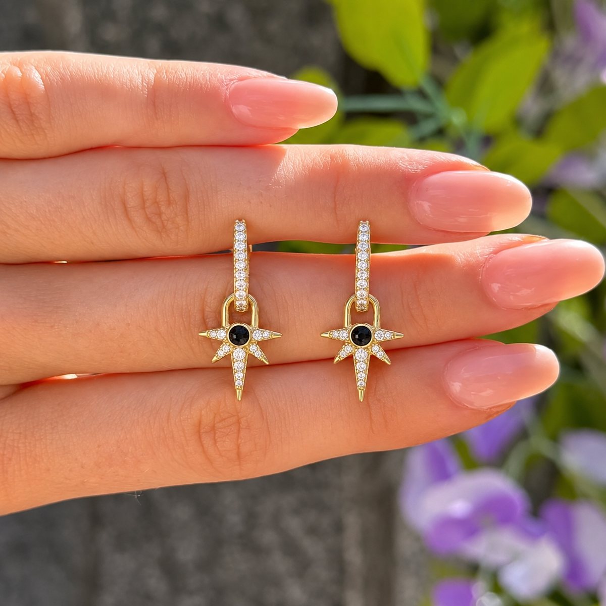 14ct Gold Plated Black Onyx Star Drop Huggies | Ania Haie