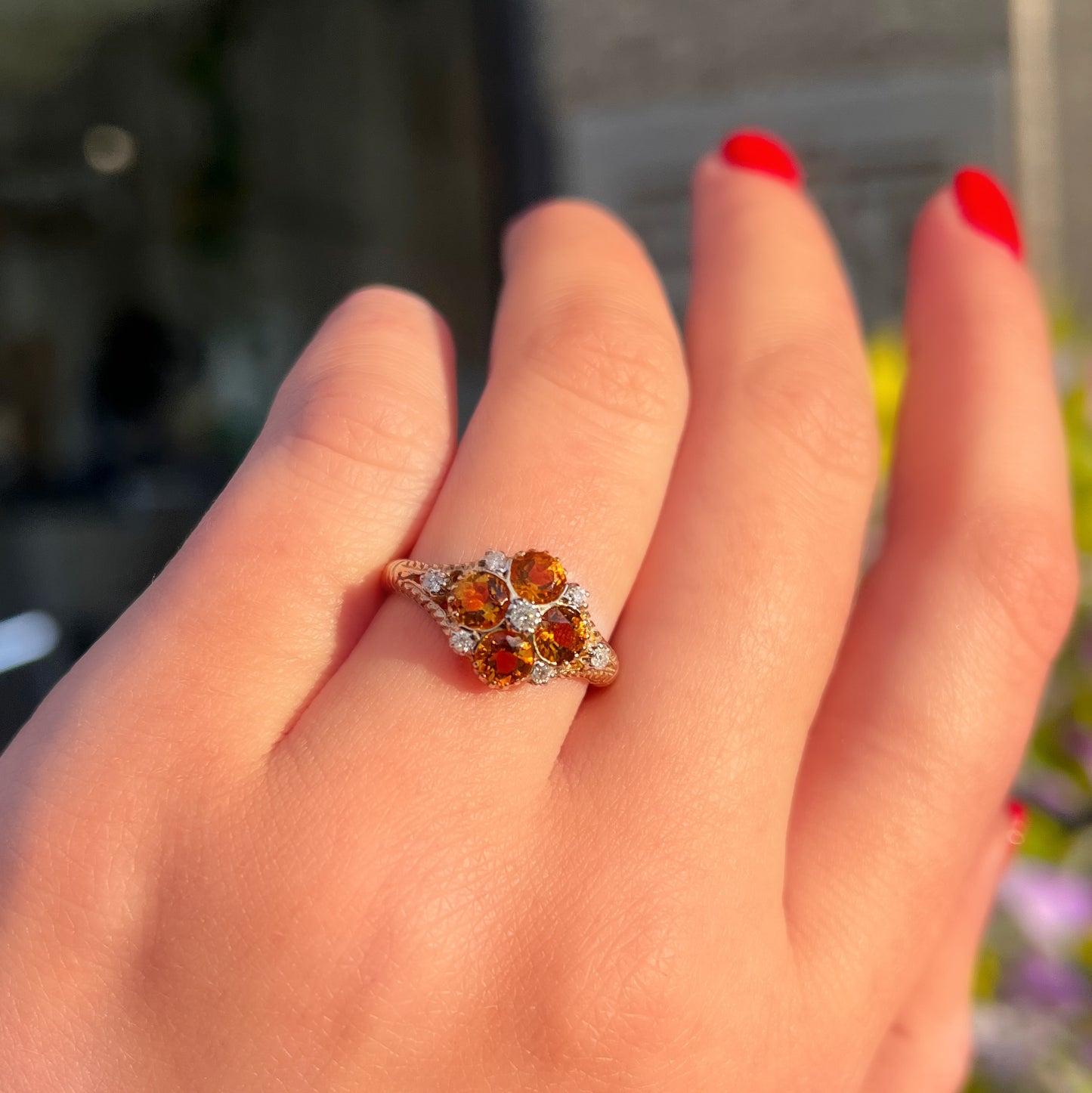 Victorian Inspired 9ct Yellow Gold Citrine and Diamond Forget-me-not Ring - Size M 1/2