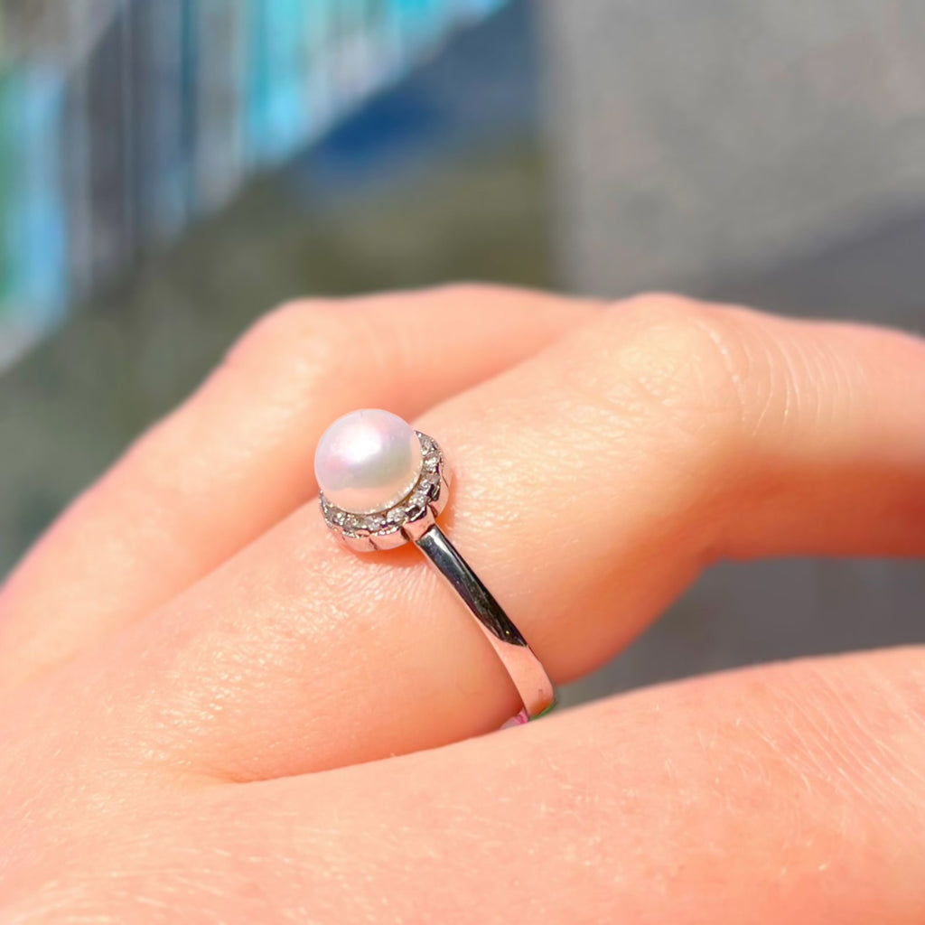 Pearl and Cubic Zirconia Sterling Silver Halo Cluster Dainty Ring | Size L