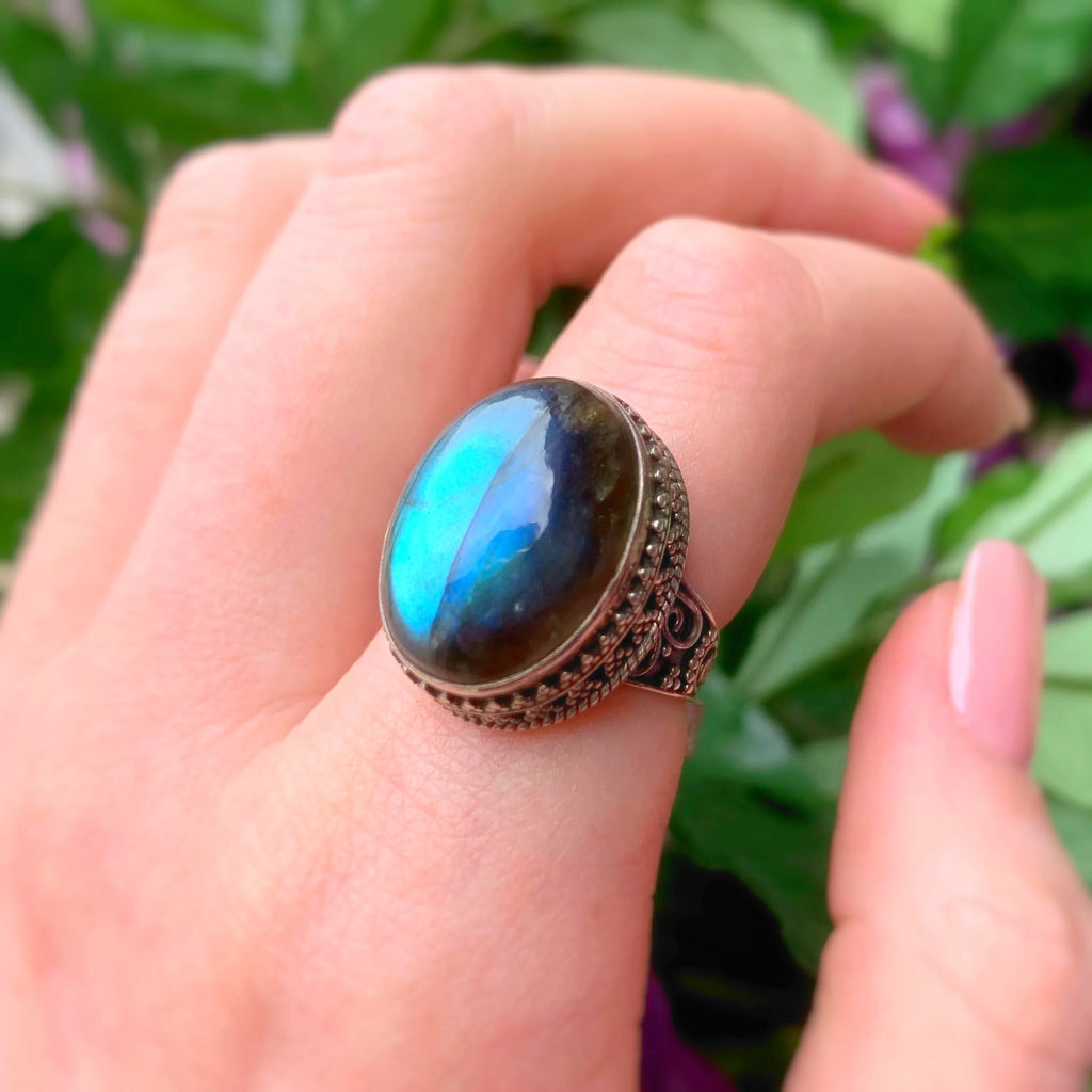 Boho Oval Blue Labradorite Sterling Silver Chunky Ring | Size O ½