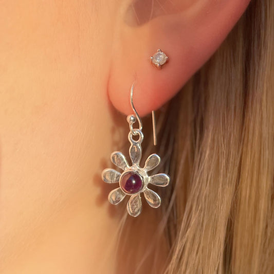 Sweet Sterling Silver Amethyst Flower Drop Earrings