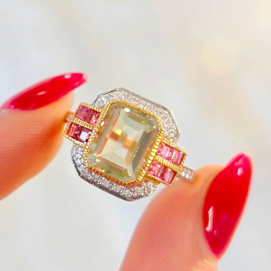 RESERVED | Art Deco Inspired Green Amethyst and Pink Tourmaline 9ct Yellow Gold Ring | Size O ½