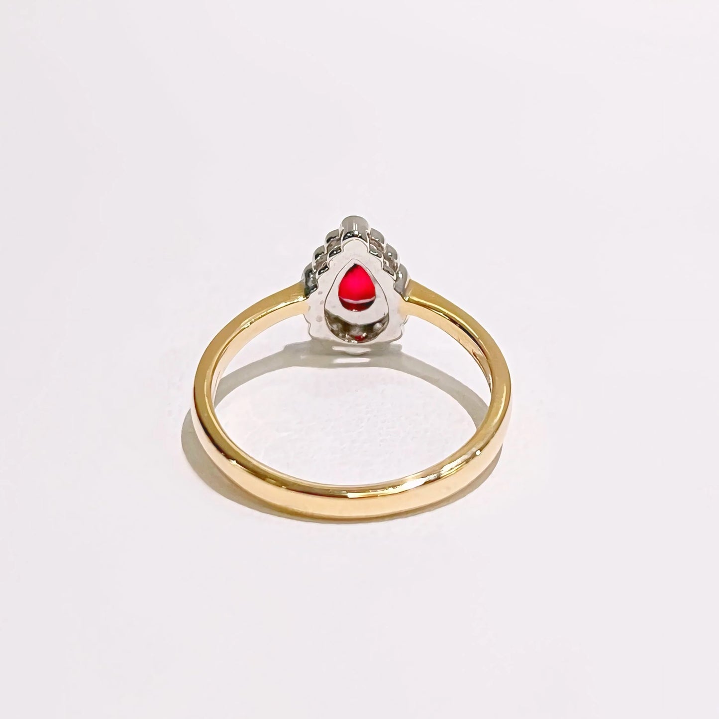 Dainty 18ct Yellow Gold Pear Shaped Red Ruby and Diamond Engagement Ring - Size M