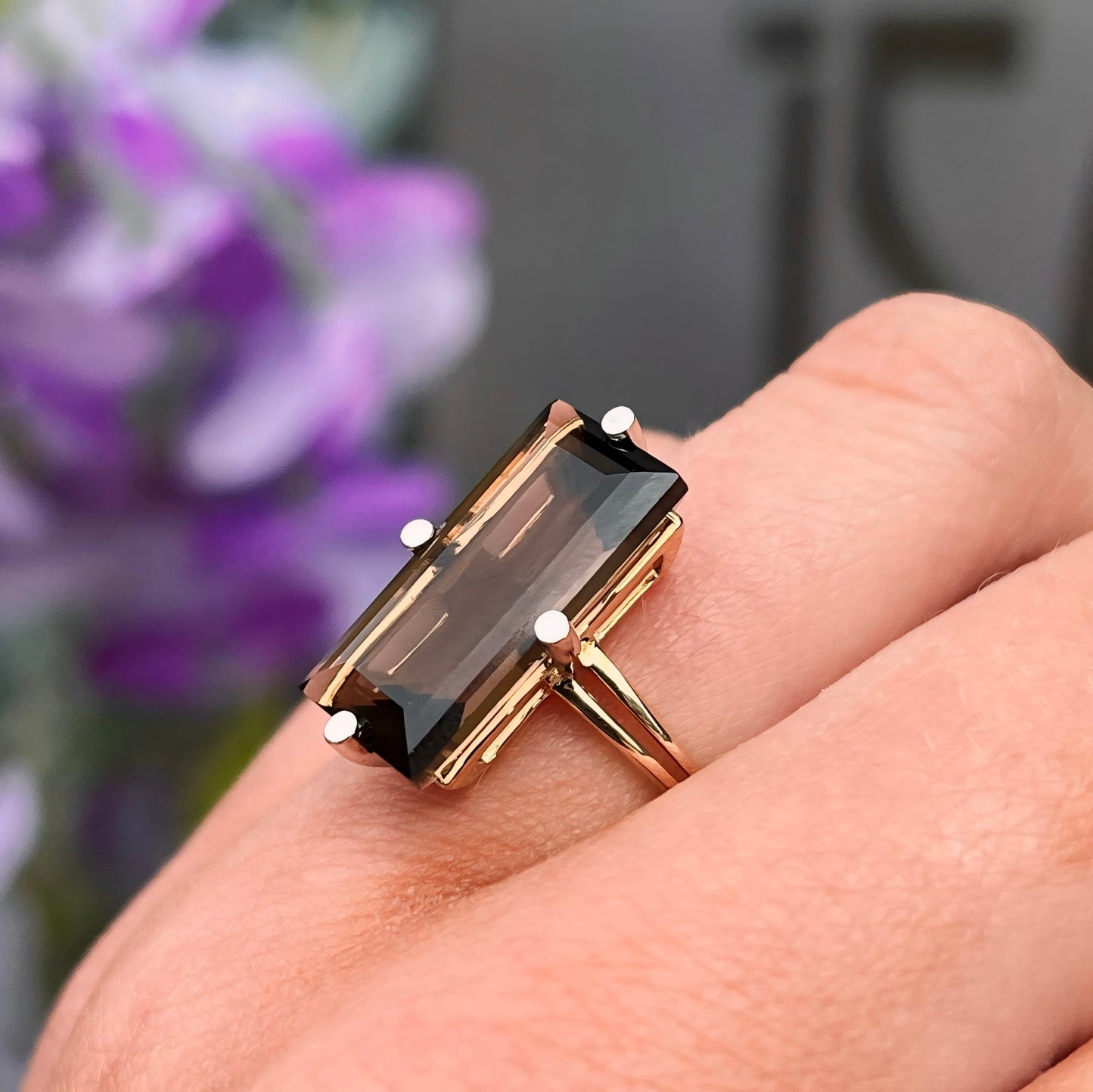 Vintage 9ct Yellow Gold Smoky Topaz Cocktail Ring - Size J