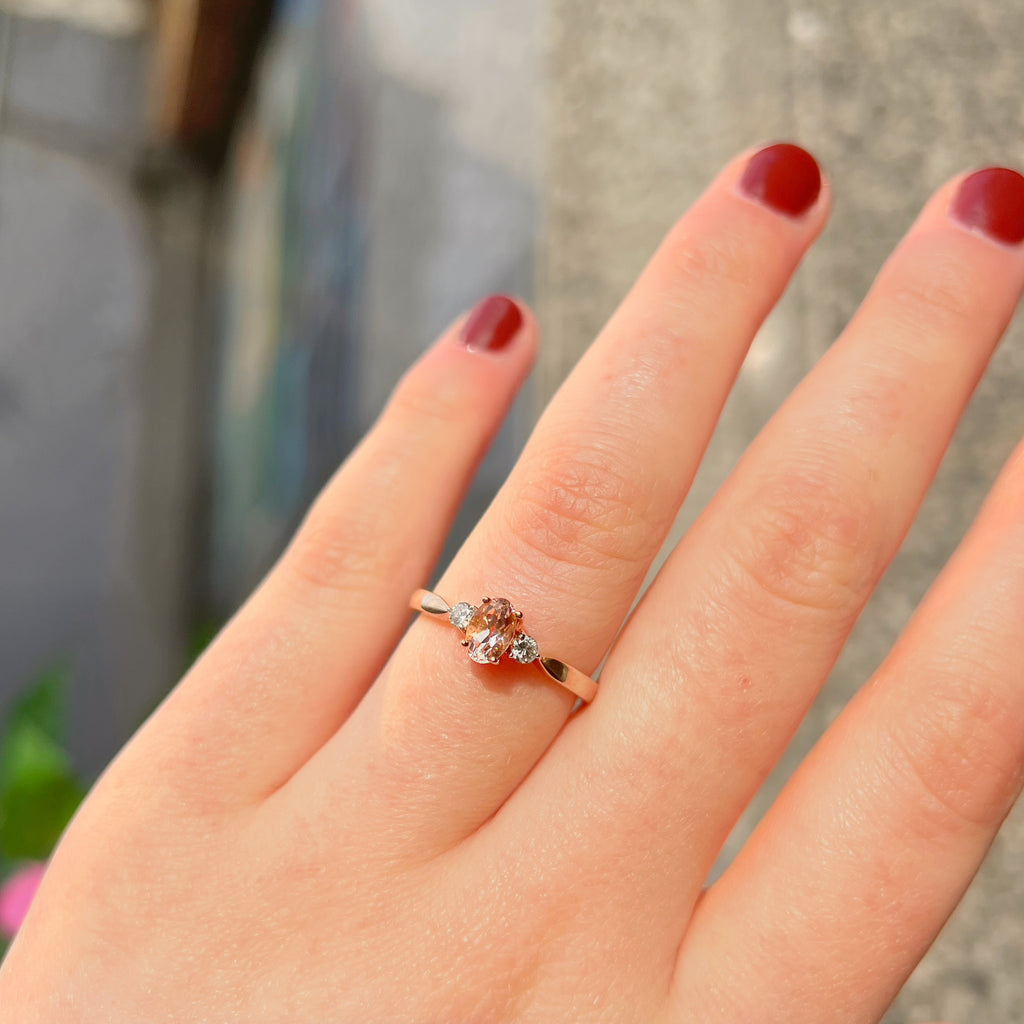 Morganite and Diamond 9ct Rose Gold Trilogy Ring | Size M ½