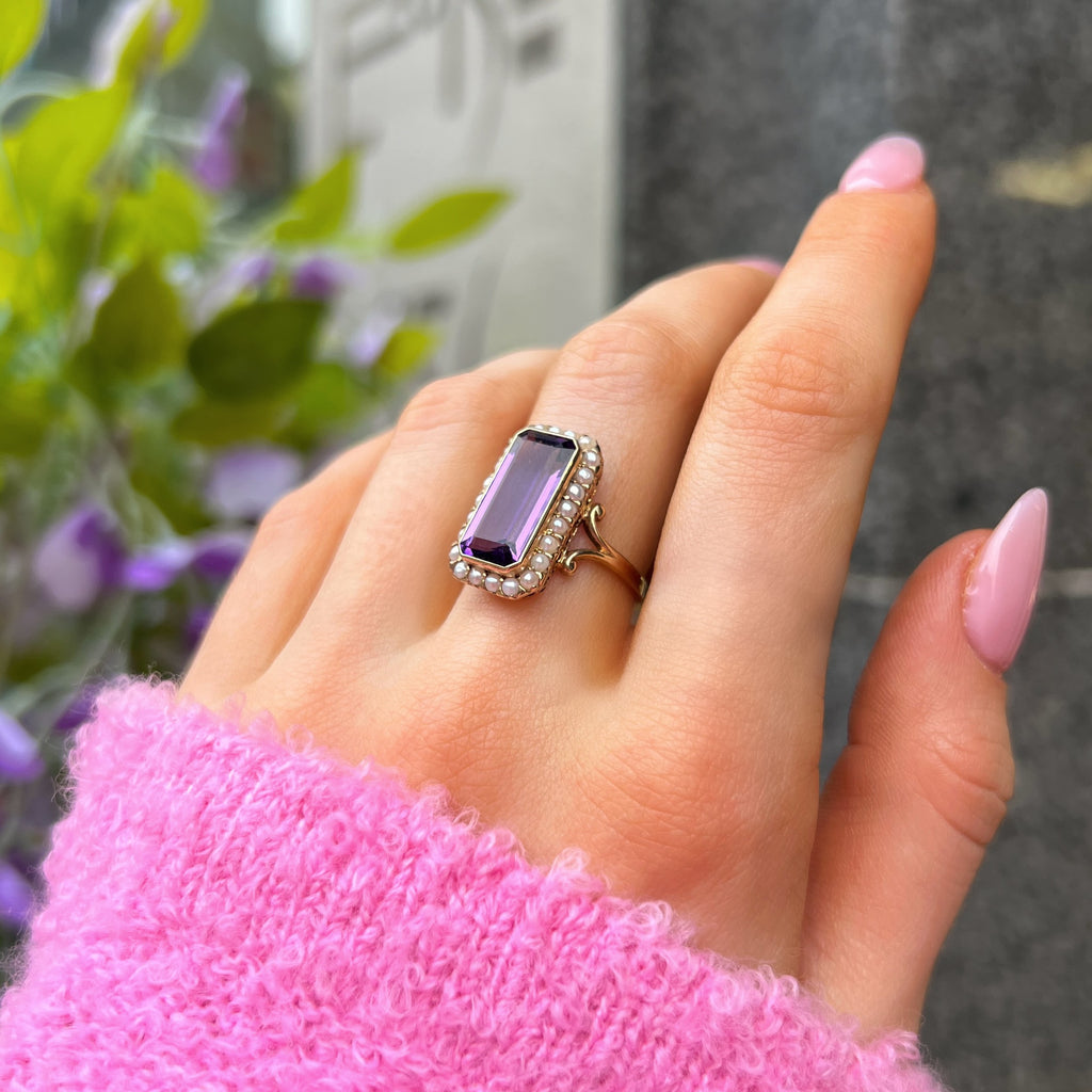 Amethyst & Pearl 9ct Yellow Gold Ring | Size N