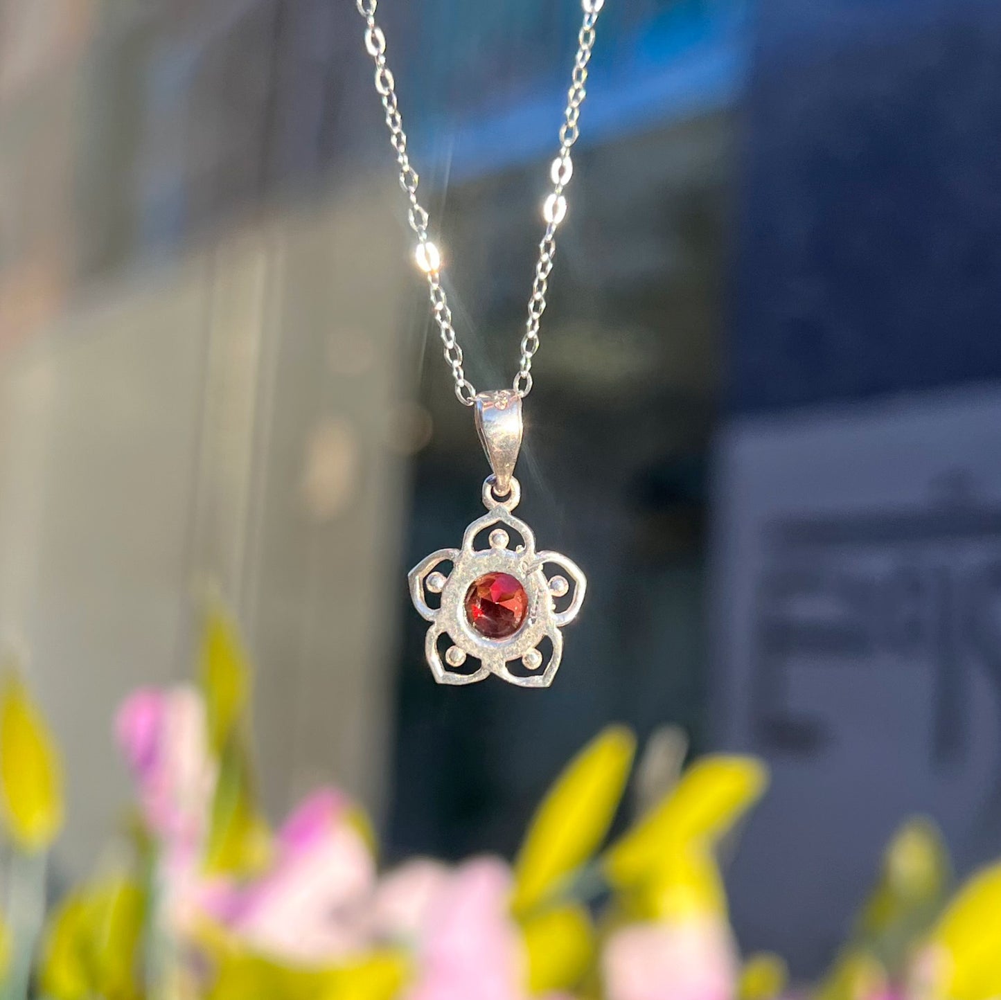 Sweet Sterling Silver Dainty Red Garnet Flower Necklace