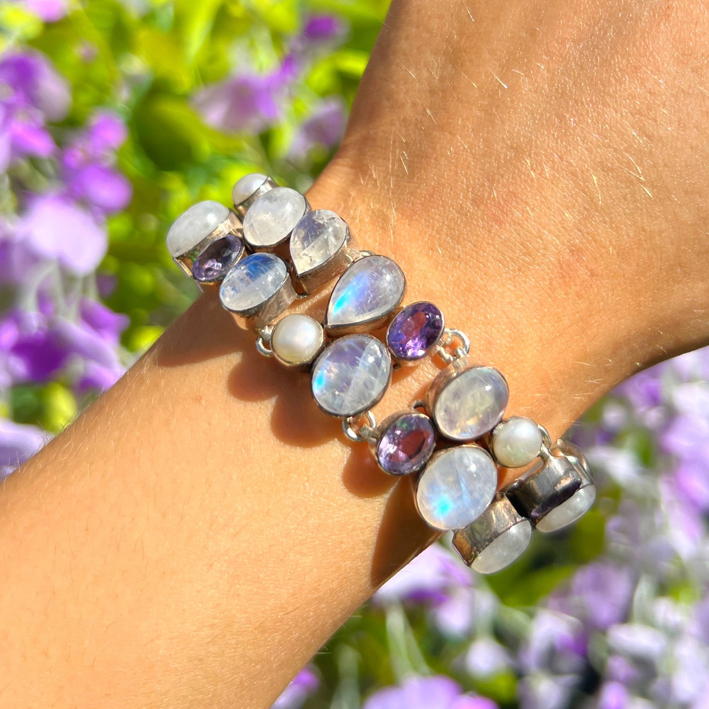 Rainbow Moonstone, Aquamarine & Pearl Sterling Silver Bracelet