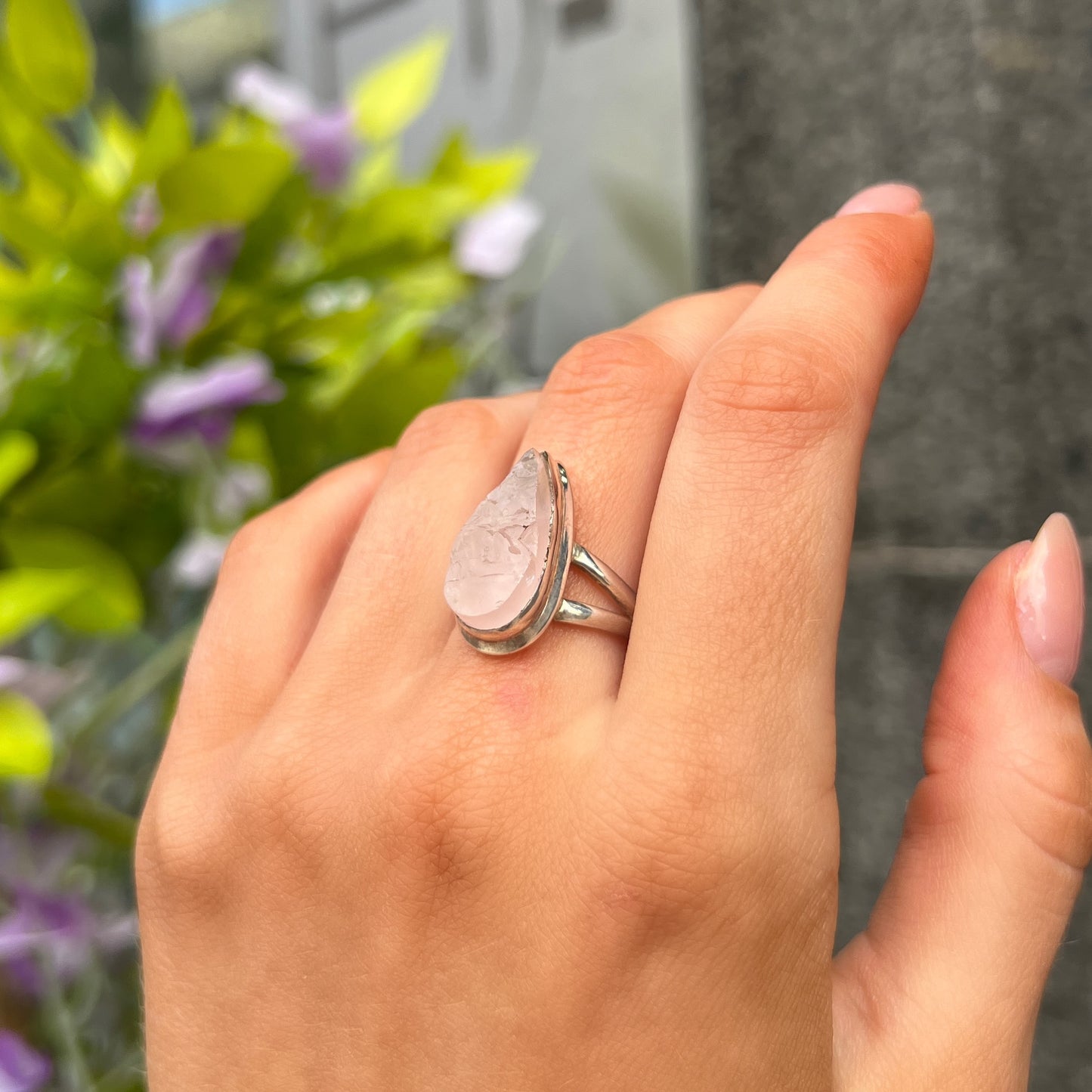 Sterling Silver Rough Pear Cut Pink Rose Quartz Ring - Size O