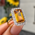 Art Deco Inspired Madeira Citrine and Diamond 9ct Yellow Gold Halo Cocktail Ring | Size N ½