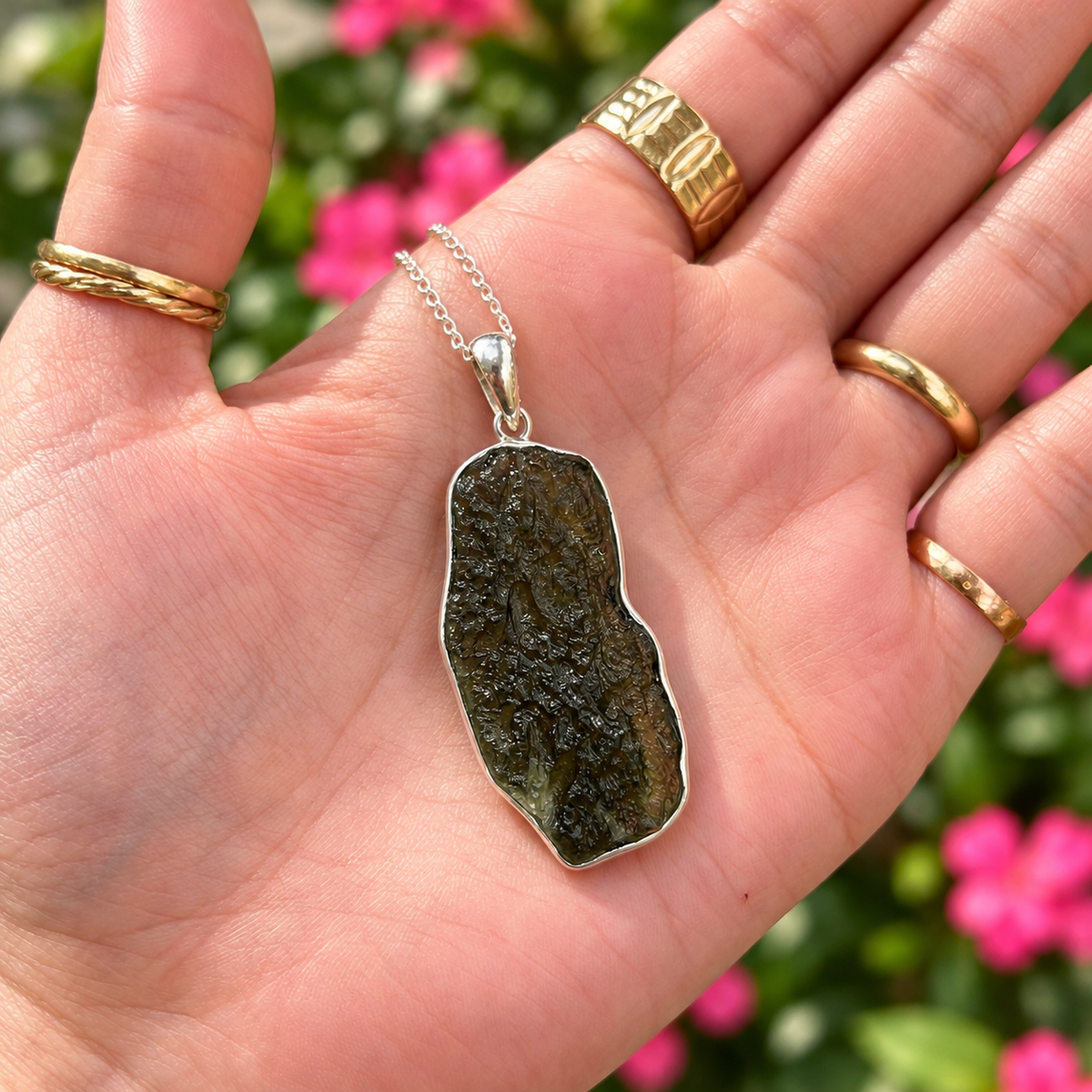 Rough Cut Green Moldavite Sterling Silver Pendant