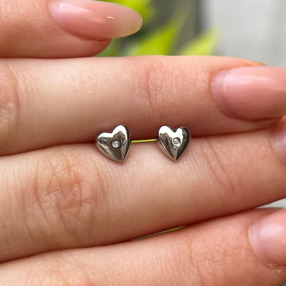 ‘D For Diamond’ Sterling Silver Mini Heart Diamond Stud Earrings