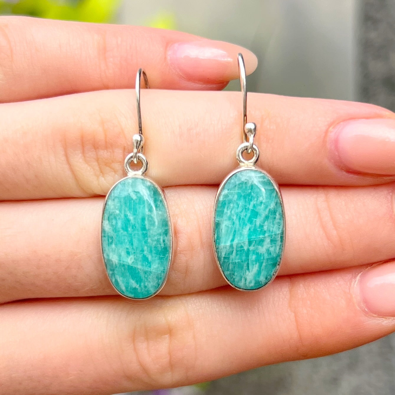 Sterling Silver Oval Blue Amazonite Drop Earrings