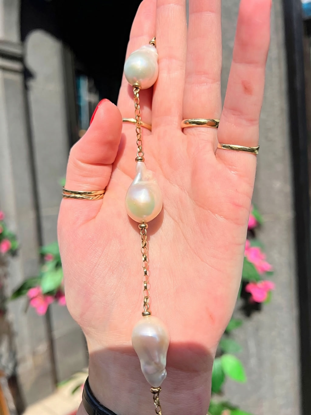 Vintage Baroque Pearl 9ct Gold Station Necklace