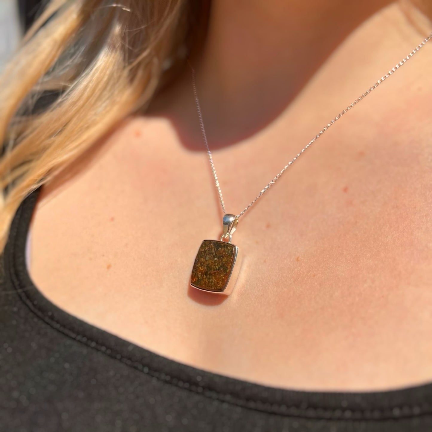 RARE Sterling Silver Fossilied Ammolite Square Shaped Necklace