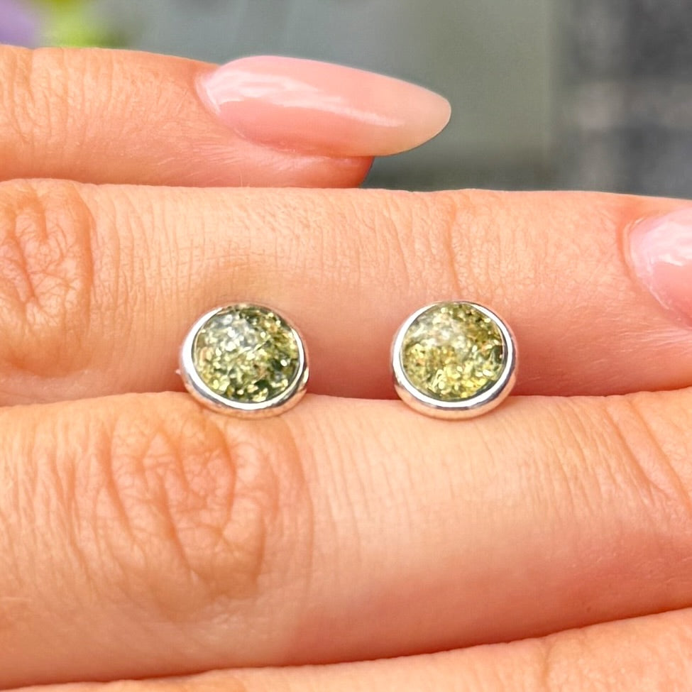 Green Amber Sterling Silver Round Stud Earrings