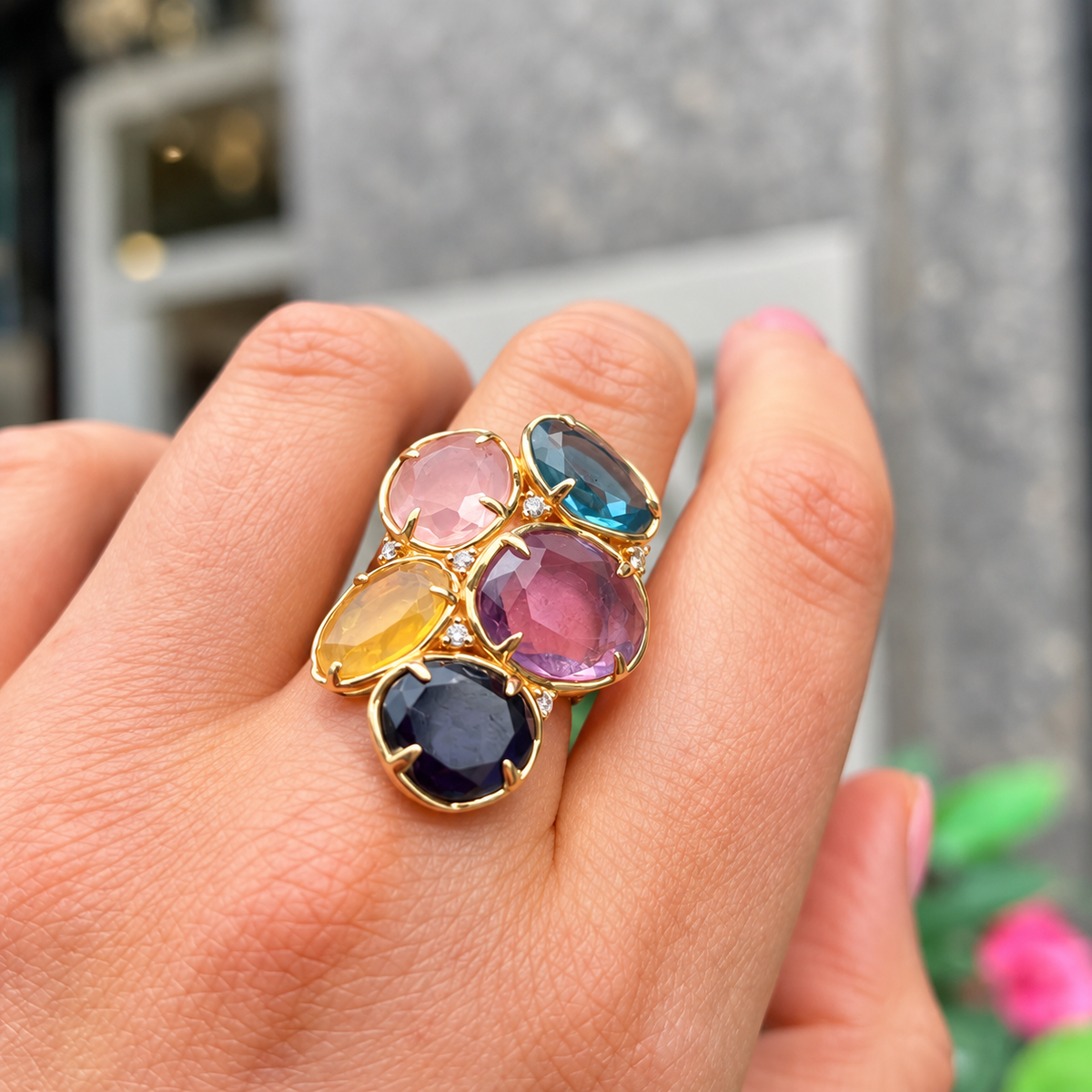 Rose Quartz, Iolite, Amethyst, Topaz, Opal and Diamond 14ct Rose Gold Chunky Ring | Peroni & Parise