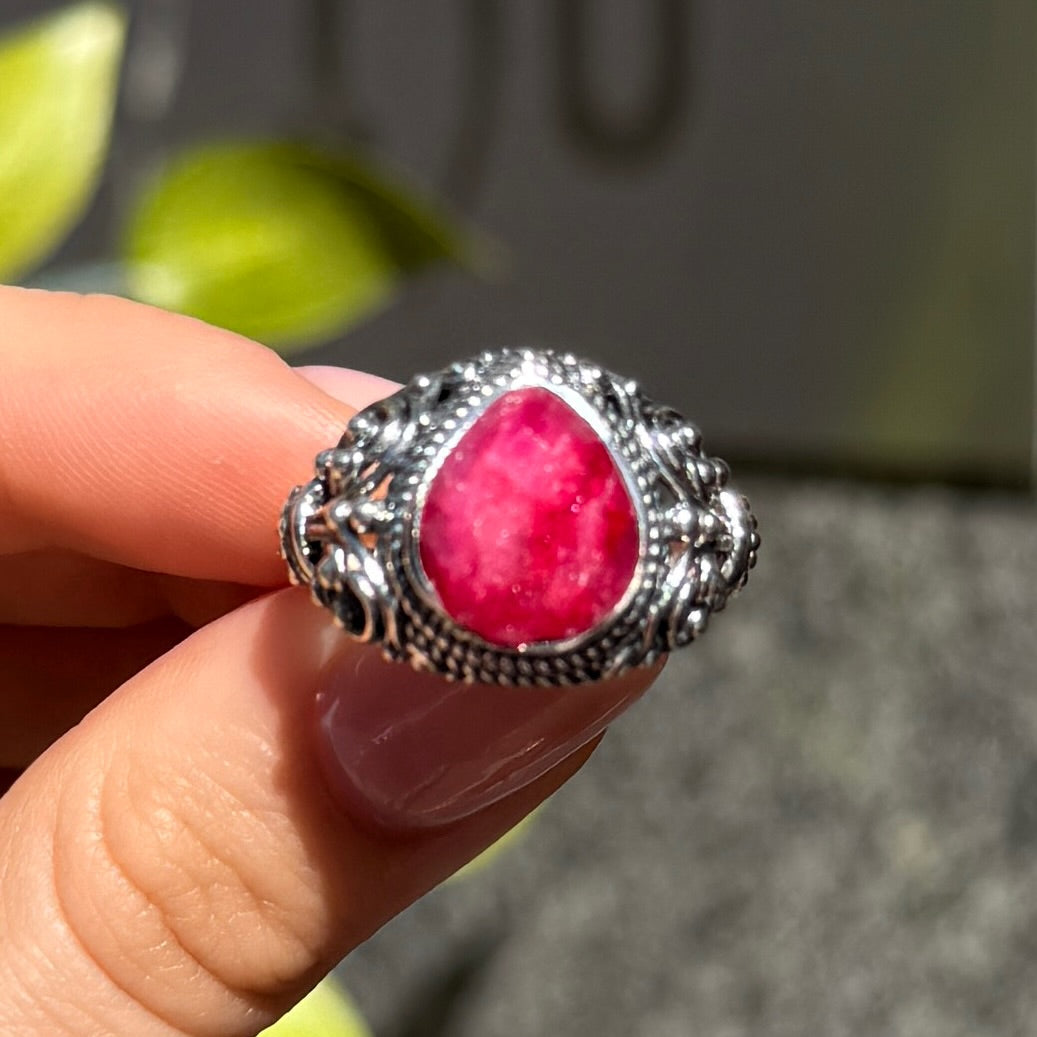 Pear Cut Ruby Sterling Silver Boho Chunky Ring | Size O