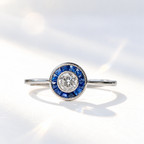 Art Deco Inspired Sapphire and Diamond Platinum Engagement Ring | Size N
