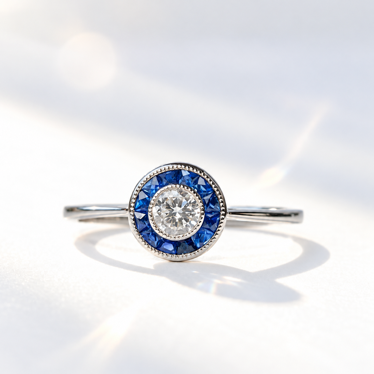 Art Deco Inspired Sapphire and Diamond Platinum Engagement Ring | Size N