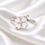 Pink Enamel Flower & Diamond Sterling Silver Ring | Adjustable Size