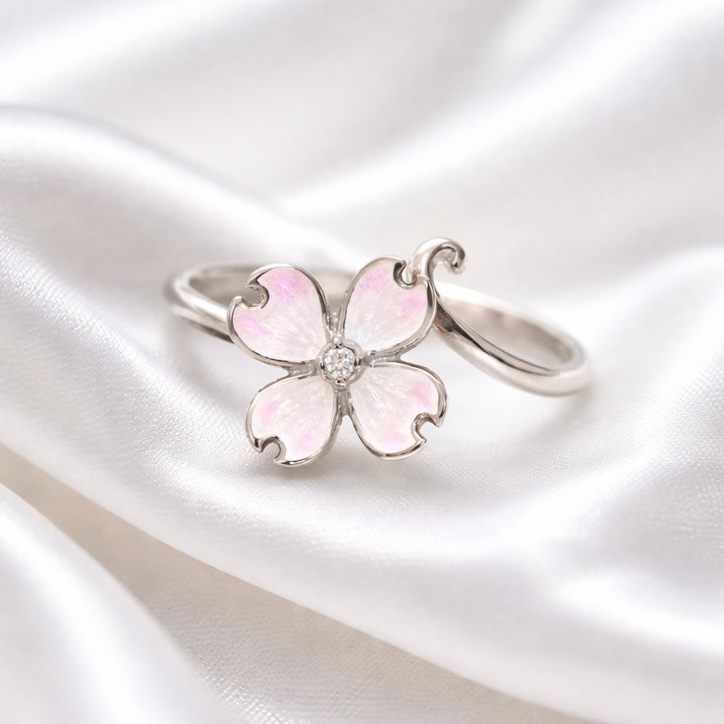 Pink Enamel Flower & Diamond Sterling Silver Ring | Adjustable Size