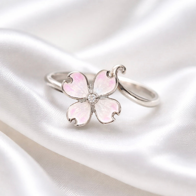 Sterling Silver Pink Enamel Flower & Diamond Ring - Adjustable Size
