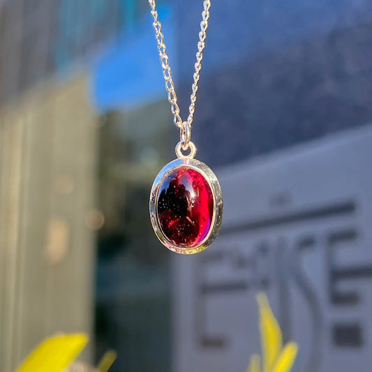 Sterling Silver Minimalistic Oval Red Garnet Necklace