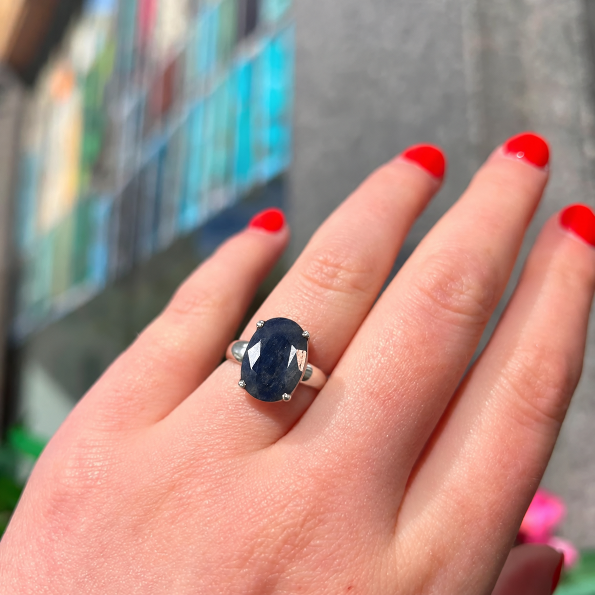 Blue Sapphire Sterling Silver Claw Set Oval Cut l Ring | Size P