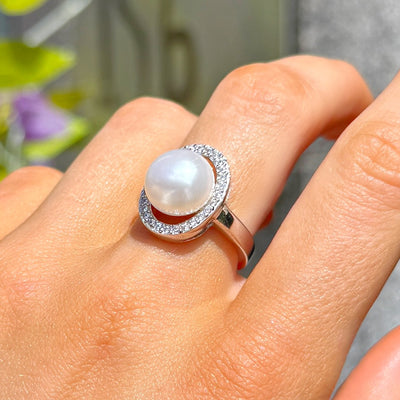 Cubic Zirconia and Pearl Sterling Silver Swirl Ring | Size M ½