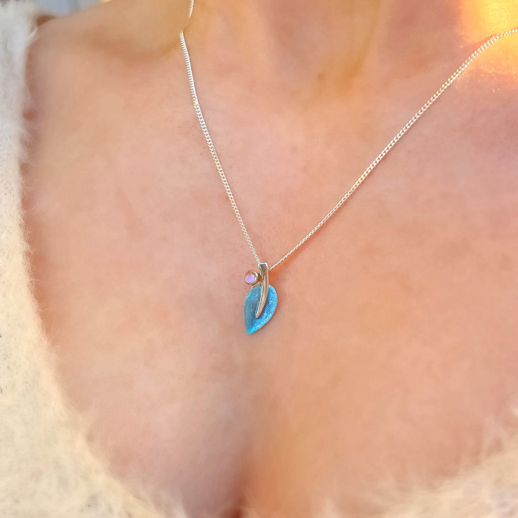 Pre-Order | Sterling Silver Sheila Fleet Blue Enamel Small Leaf Cubic Zirconia Necklace