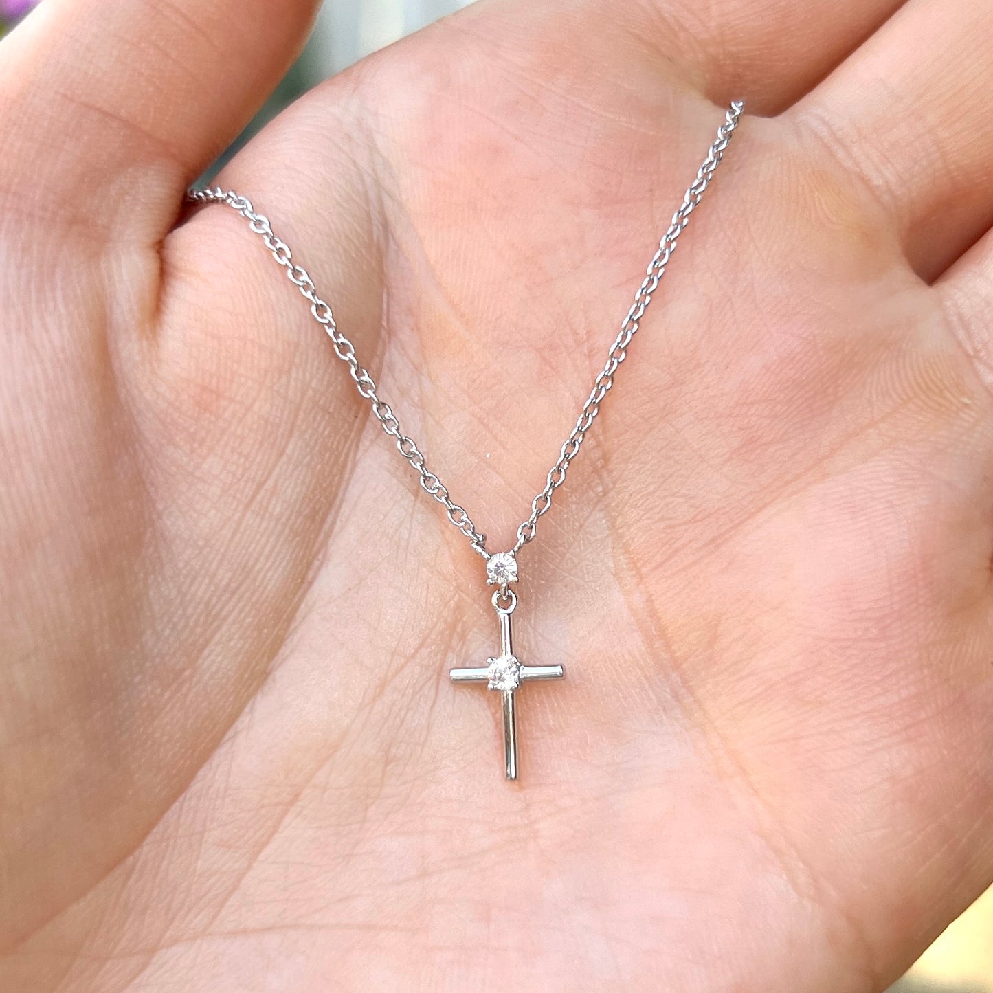 Sterling Silver Dainty Cross Cubic Zirconia Necklace