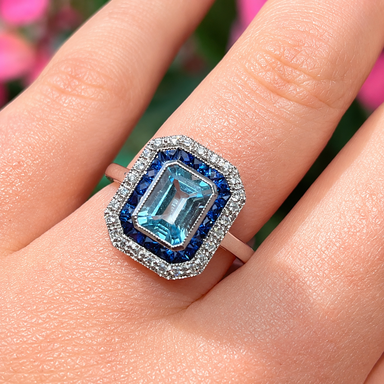 Art Deco Reproduction Blue Topaz, Sapphire and Diamond 9ct White Gold Ring | Size M ½
