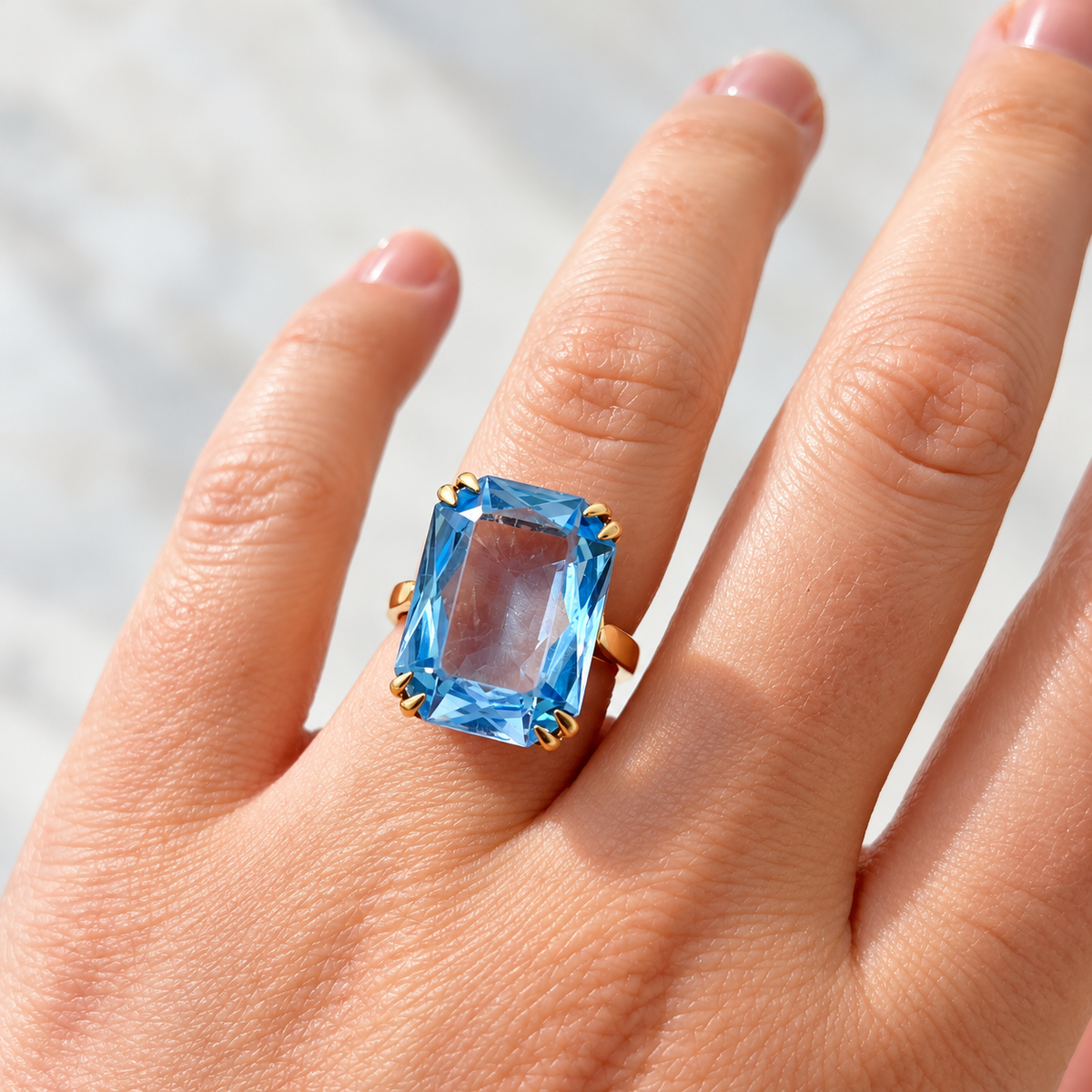 Vintage Blue Glass 9ct Yellow Gold Cocktail Ring | Size L