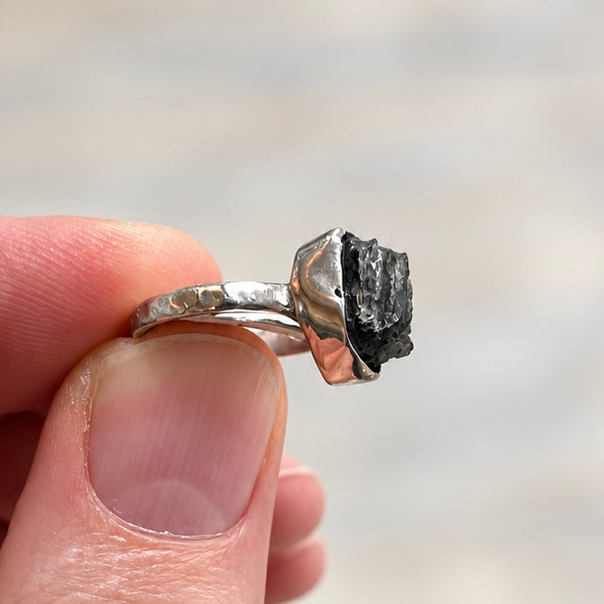 Rough Cut Green Moldavite Sterling Silver Ring | Size L