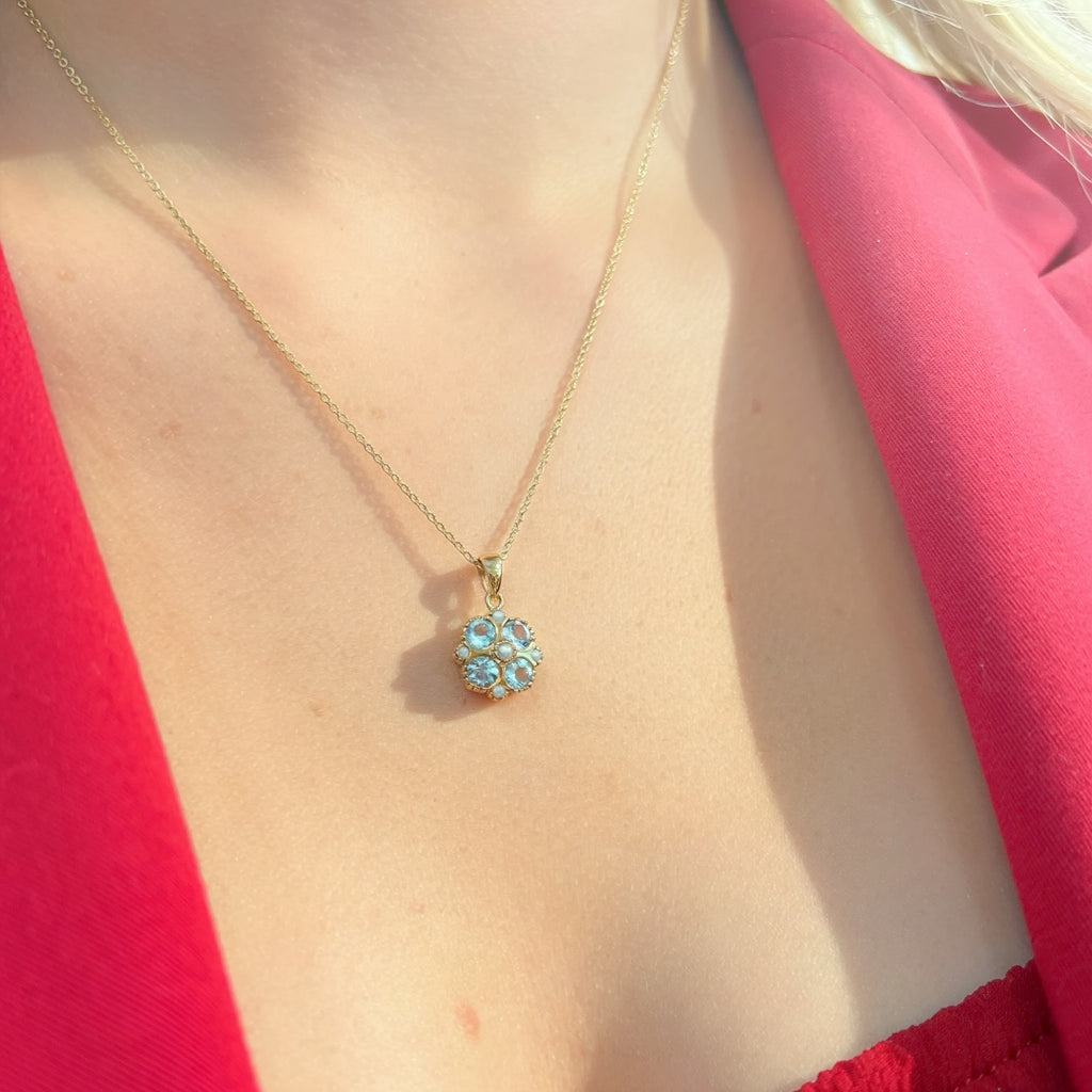 Aquamarine and Seed Pearl 9ct Yellow Gold Necklace
