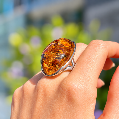 Orange Amber Sterling Silver Super Chunky Ring | Adjustable Size
