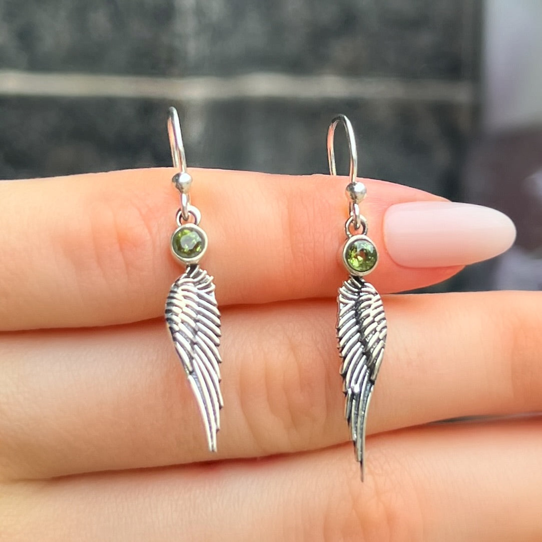 Dainty Sterling Silver Feather Wing Green Peridot Drop Earrings