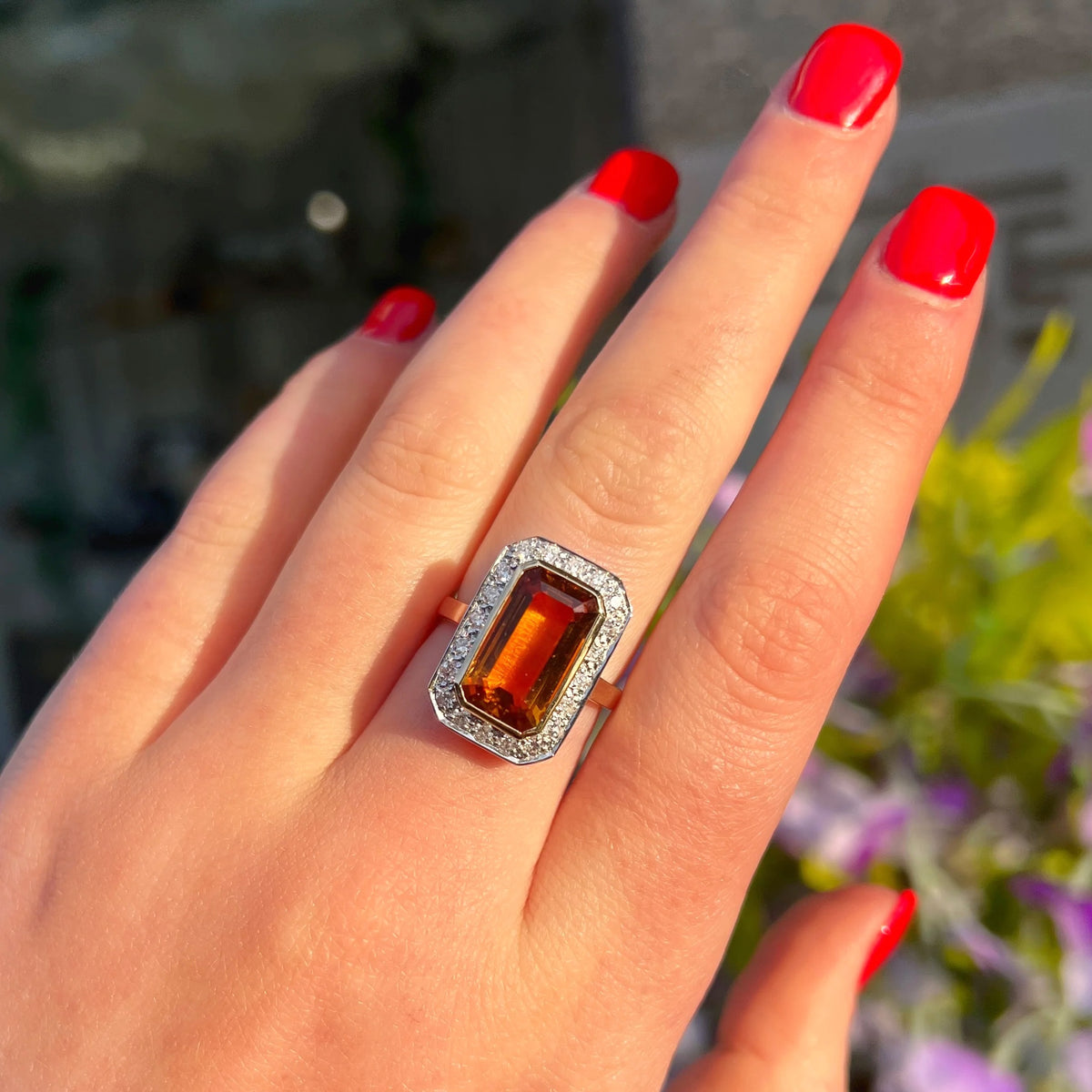 Art Deco Inspired Madeira Citrine and Diamond 9ct Yellow Gold Halo Cocktail Ring | Size N ½
