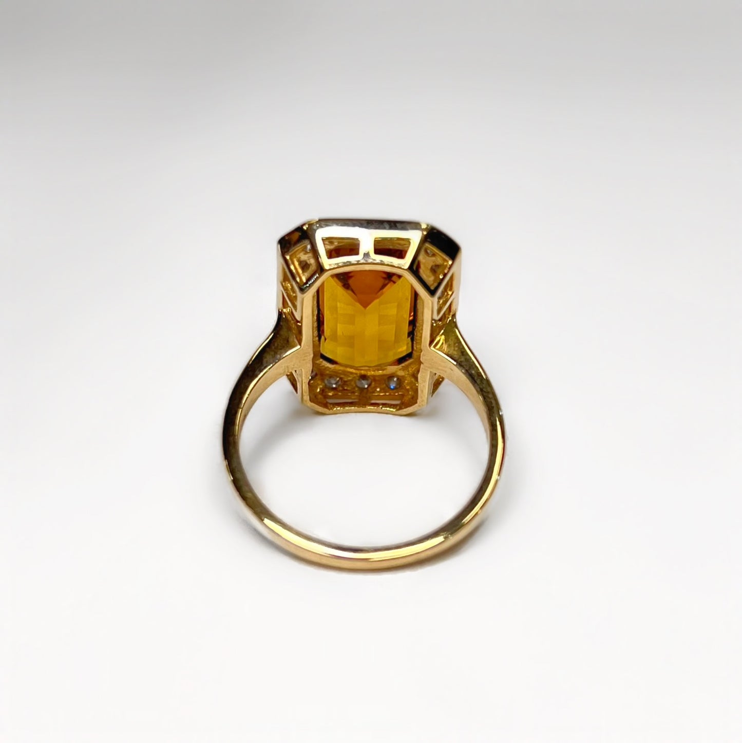 Art Deco Inspired 9ct Yellow Gold Madeira Citrine and Diamond Halo Cocktail Ring - Size N ½