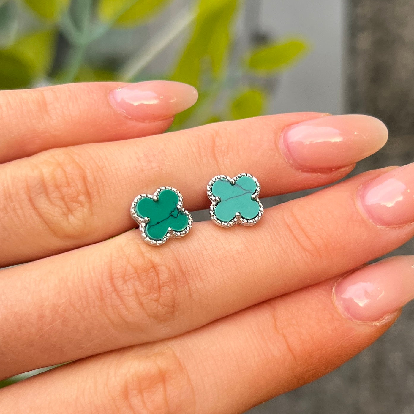 Sterling Silver Green Clover Stud Earrings