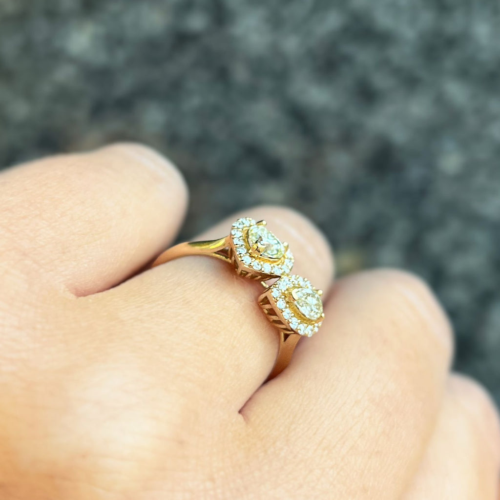 'The Lovers' Natural Yellow Diamond 18ct Yellow Gold Heart & Pear Cut Toi et Moi Ring | Size M ½